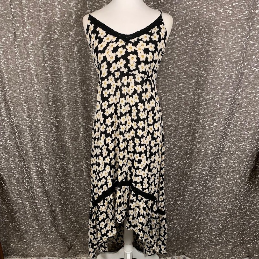 Angie Black Floral Lace Trim High Low Ruffle Hem Maxi Dress Boho Women's Small - Picture 1 of 10